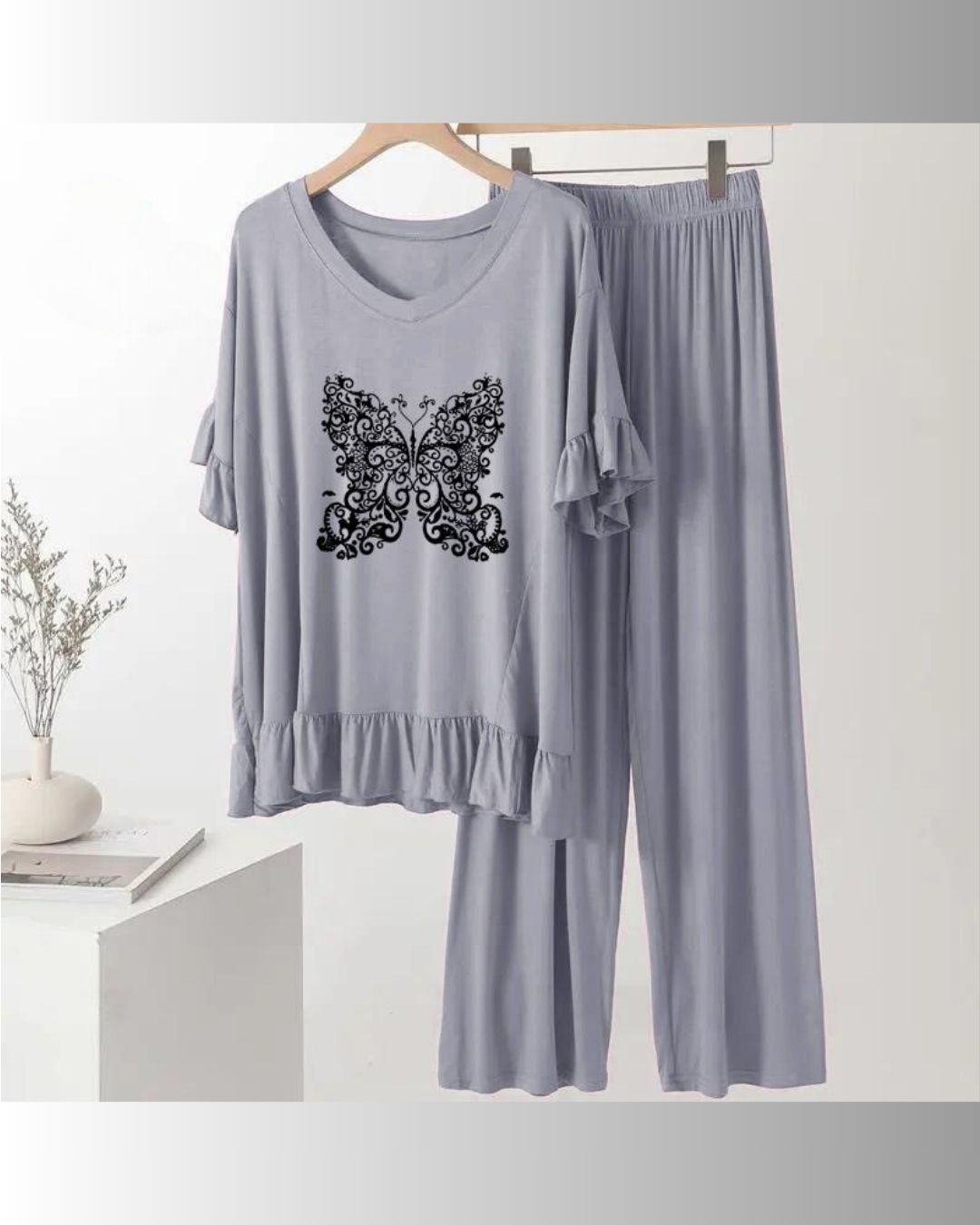 Casual Printed Butterfly Pajama and Shirt Night Suit GREY color