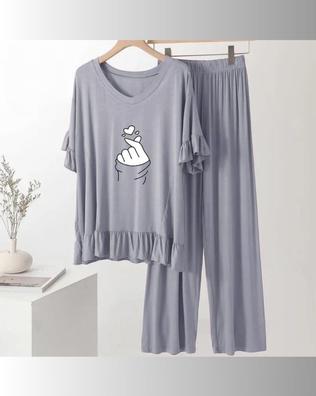 Casual Printed Butterfly Pajama and Shirt Night Suit GREY color