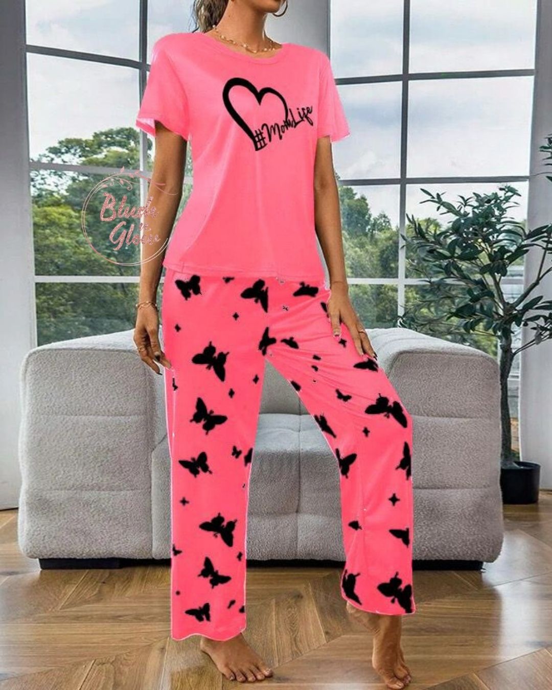 Printed Design Night Suit Pink - Black for Ladies