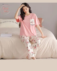 Casual Printed Butterfly Pajama And Shirt Night Suit  for Ladies