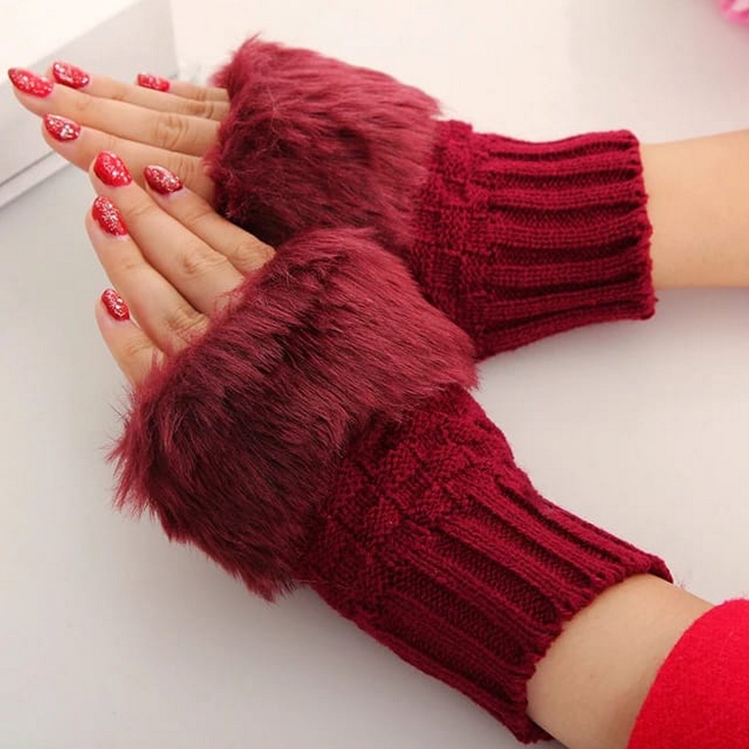 Fur Gloves Women Knitted Faux
